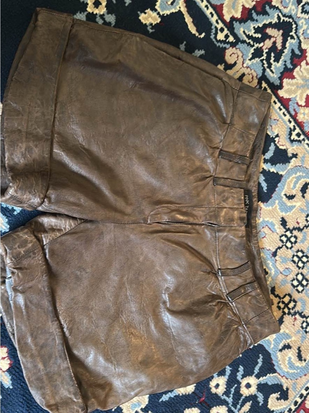 Pink Tartan Brown Leather Skirt with Zip Detail